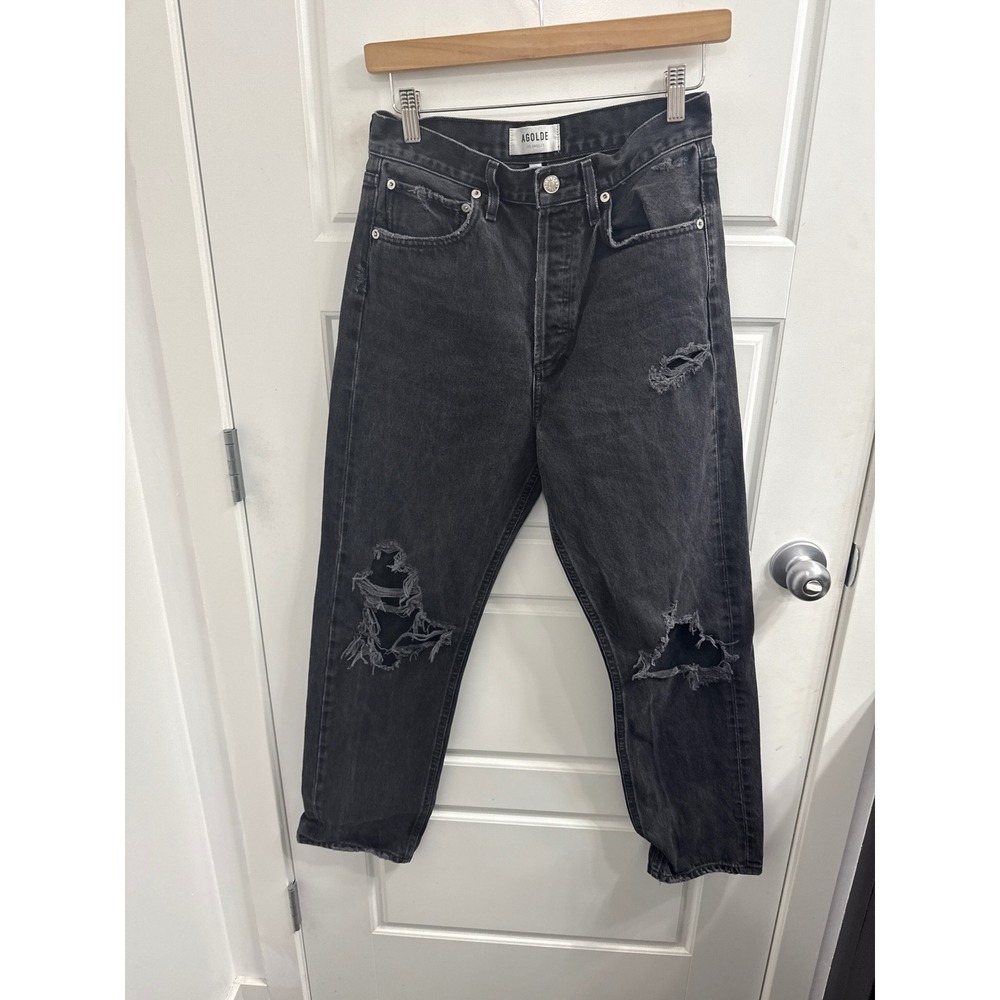Agolde 90s Pinch Waist High Rise Distressed‎ Straight Leg Jeans Black Size 25